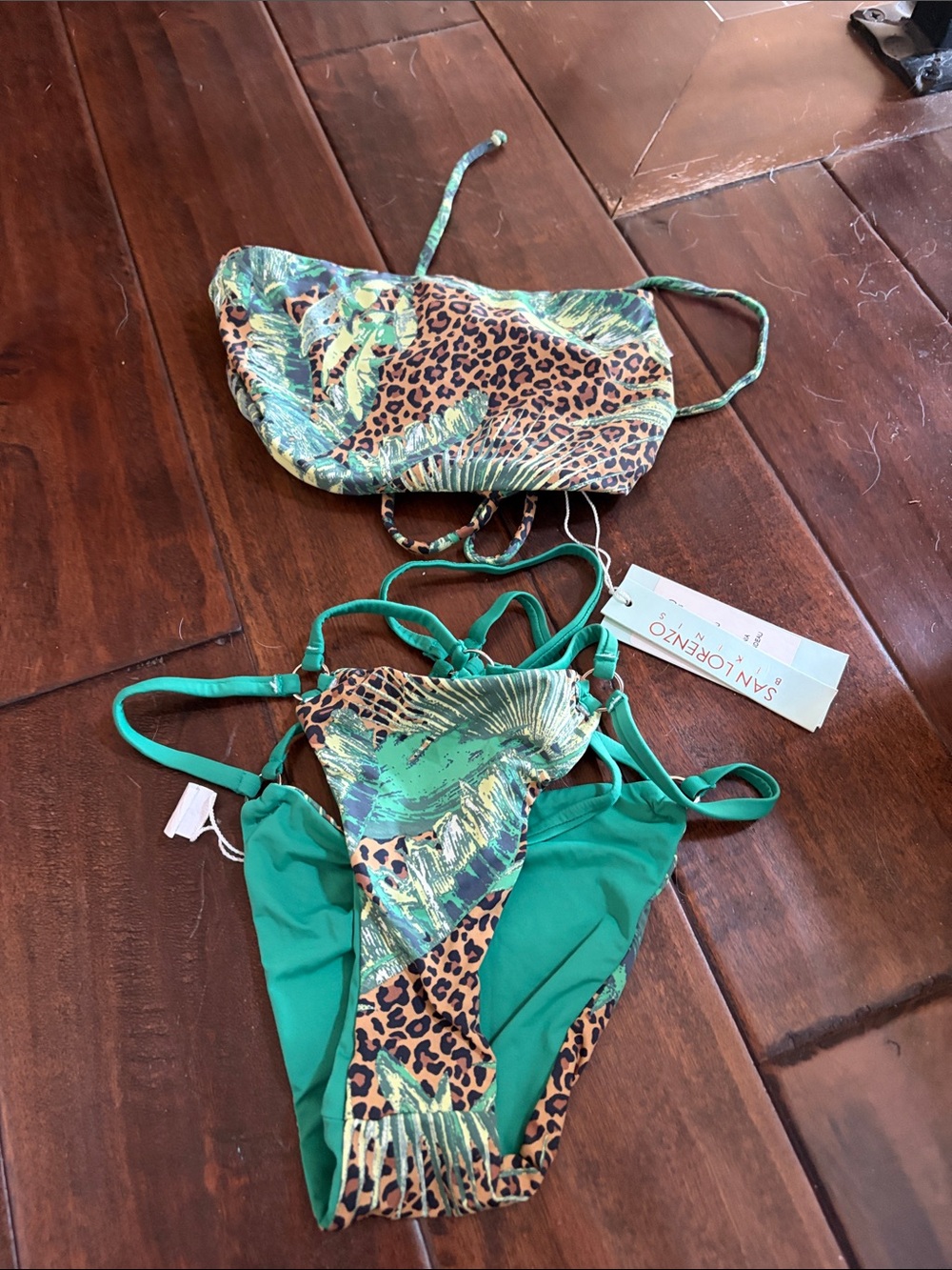 San Lorenzo Green Tropical Leaf & Leopard Print Girls Two-Piece Swimsuit